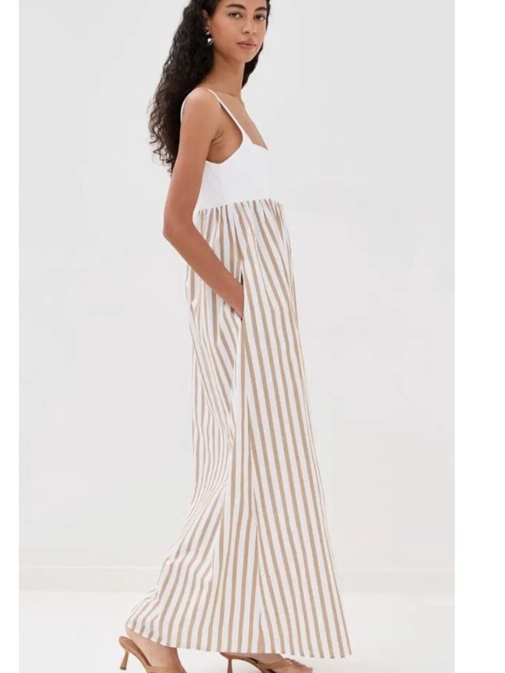 NWT LE BOP Empire Stripe Maxi Dress Khaki White Size XXS